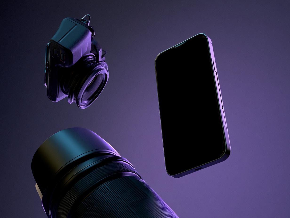 Uçuşan kamera, telefon ve lens — içerik üretim araçları